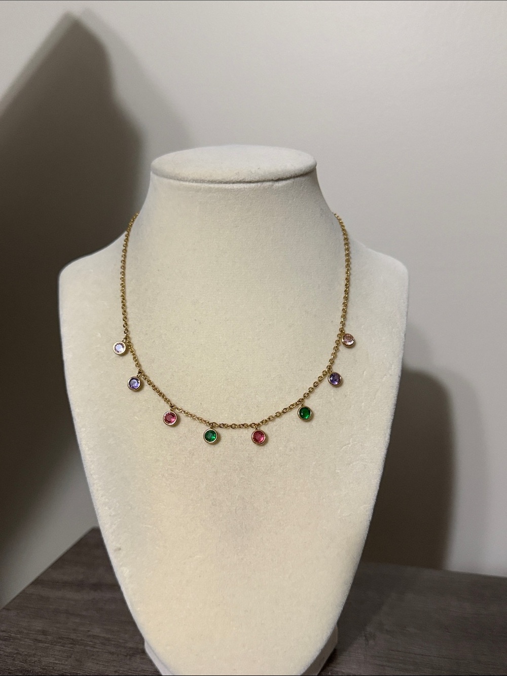 Gold plated stainless steel multi color round charm necklace